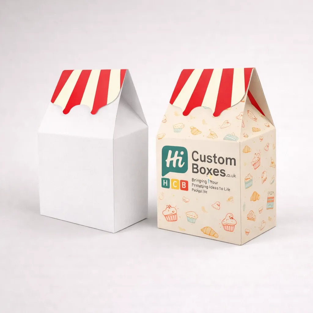 Pair of white gable boxes featuring a red and cream striped roof design and bespoke bakery illustrations. class=